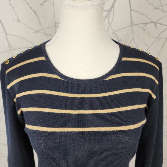 Alain Manoukian Navy Gold Stripe 49% Merino Wool Knit Sweater - Picture 2 of 8